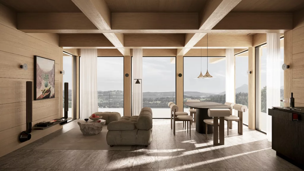 Salon i jadalnia w rezydencji w Zębie z panoramicznym widokiem na Tatry - drewniane wnętrze z designerskimi meblami